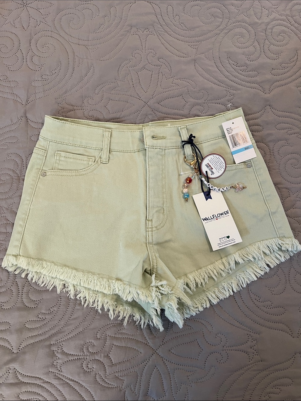 Wallflower Light Sage Frayed Hem Denim Shorts